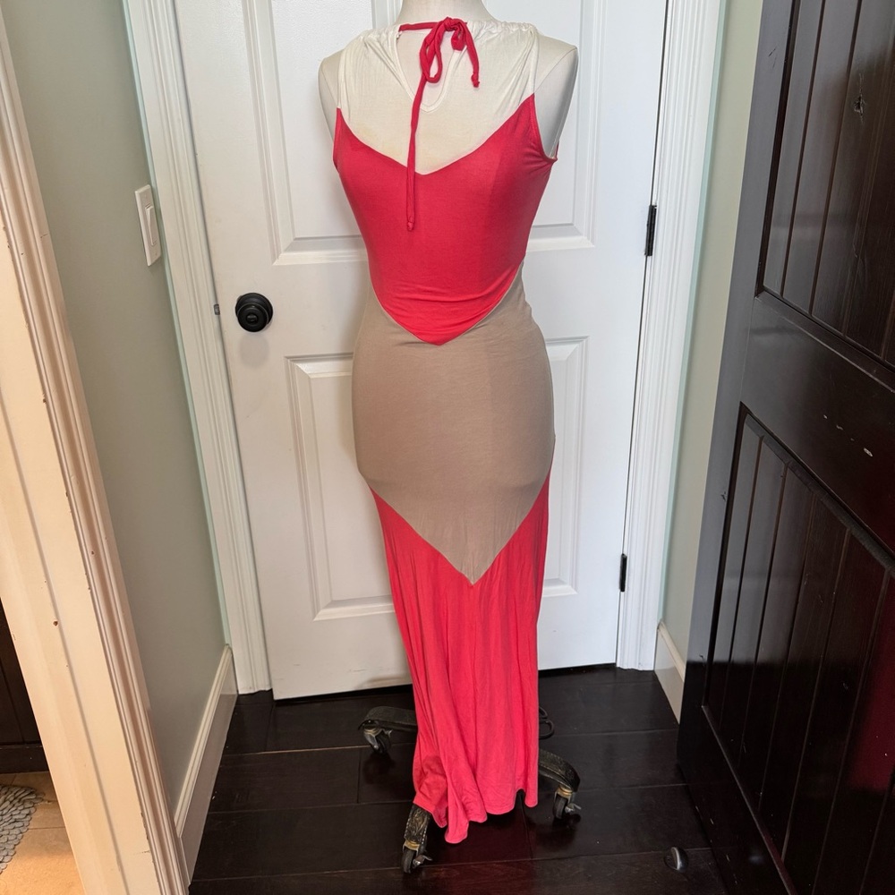 Sexy body conscious Chic Asymmetrical Pink and Tan maxi Dress